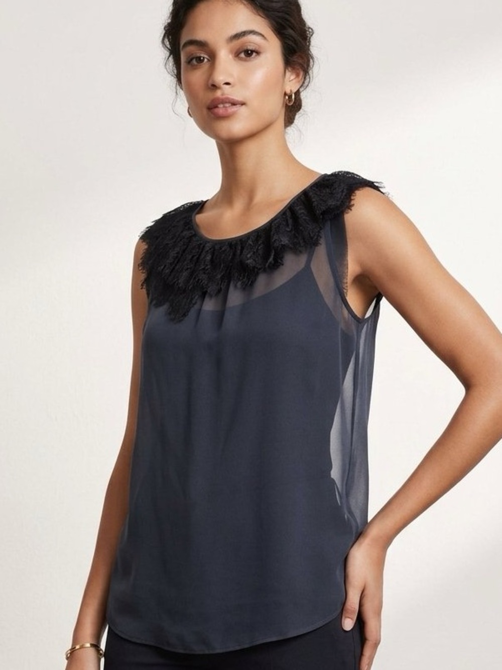 Theory • Navy Sheer With Black Lace Neckline Tank Top